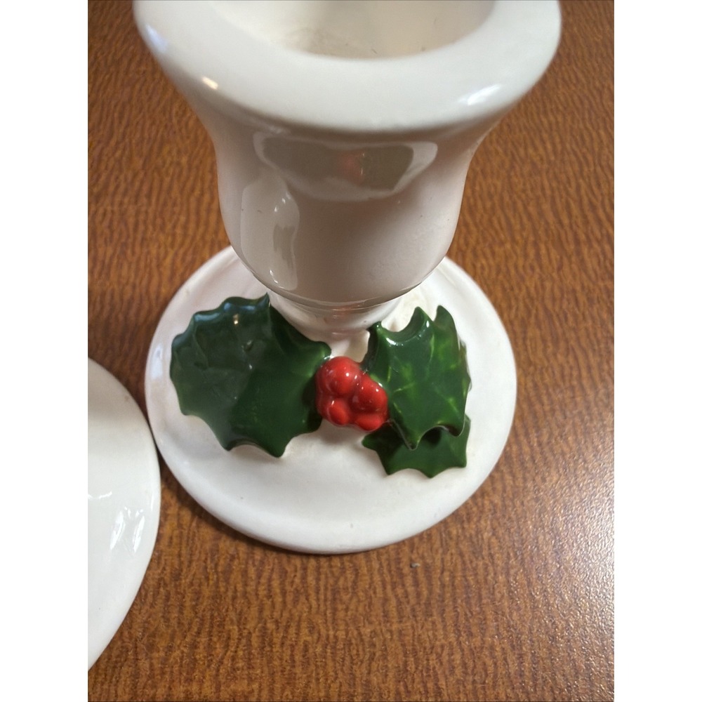 Lillian Vernon Christmas Candle Stick Holder set 2 White Ceramic w Holly Vintage - Picture 7 of 7